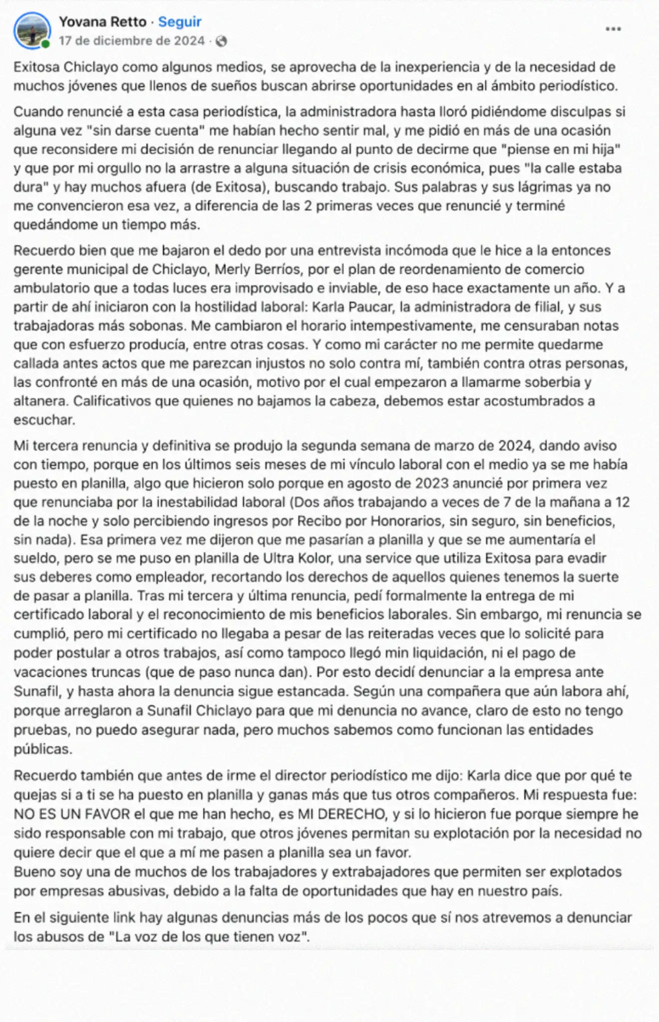 Yovanna Retto, extrabajadora de Exitosa, denunció que se impidió el ingreso del inspector de Sunafil a la filial de Chiclayo
